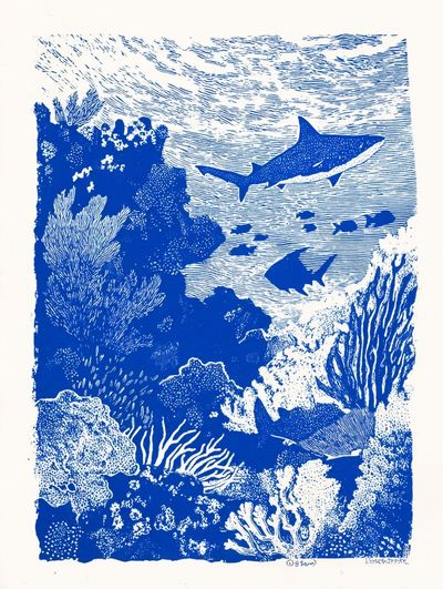 Underwater Sharks — Illustration Print. poster print