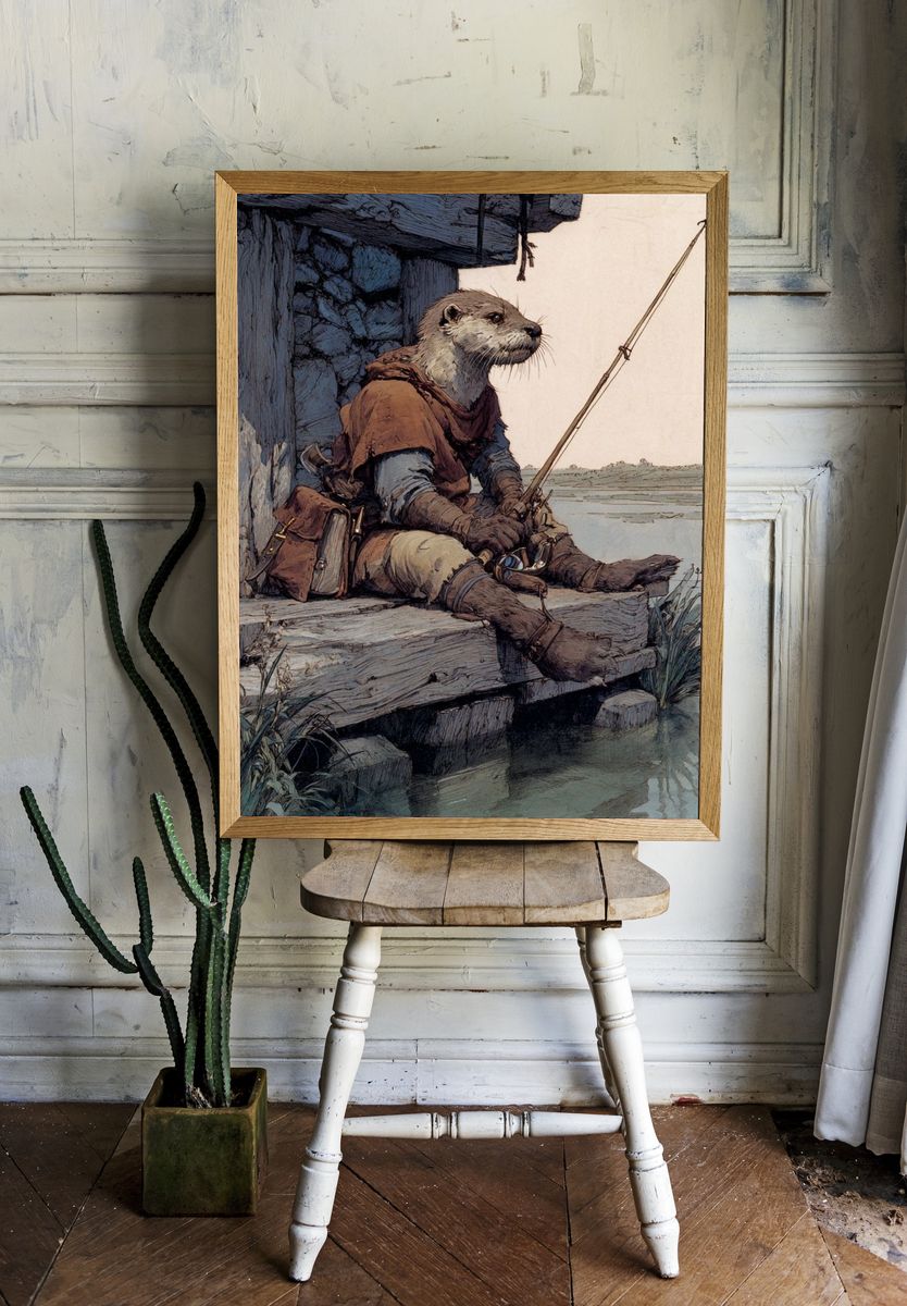 Otter Fisherman Illustration Poster. — room view 1