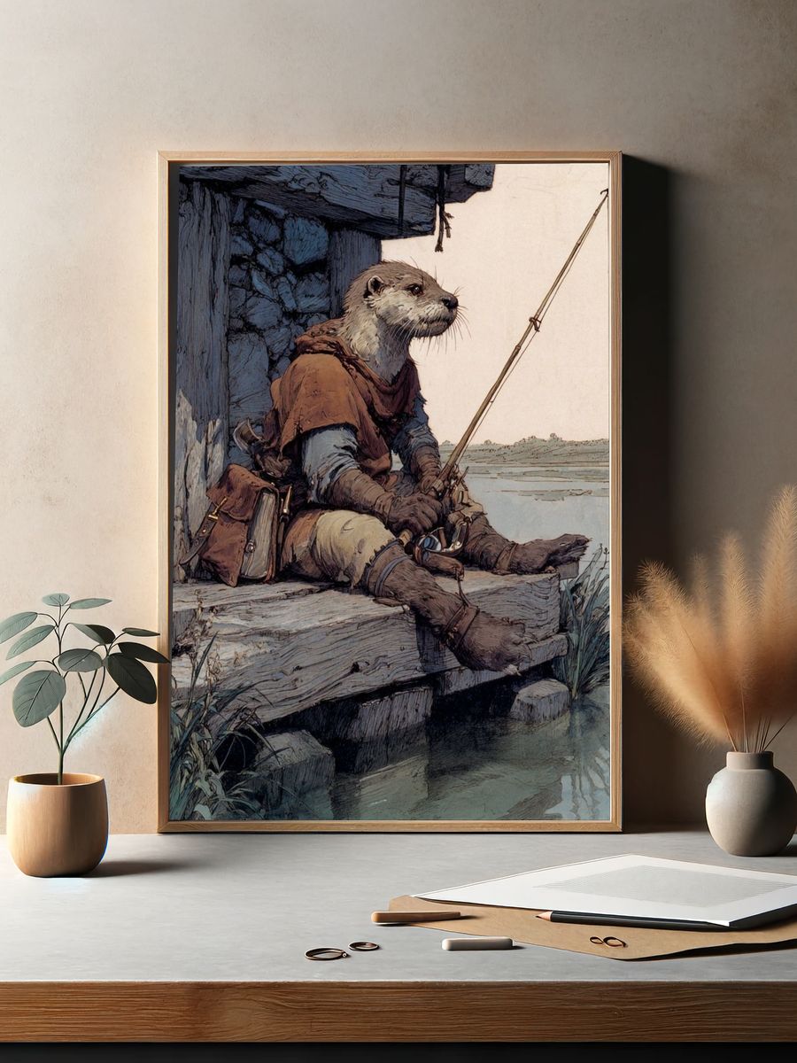 Otter Fisherman Illustration Poster. — room view 2