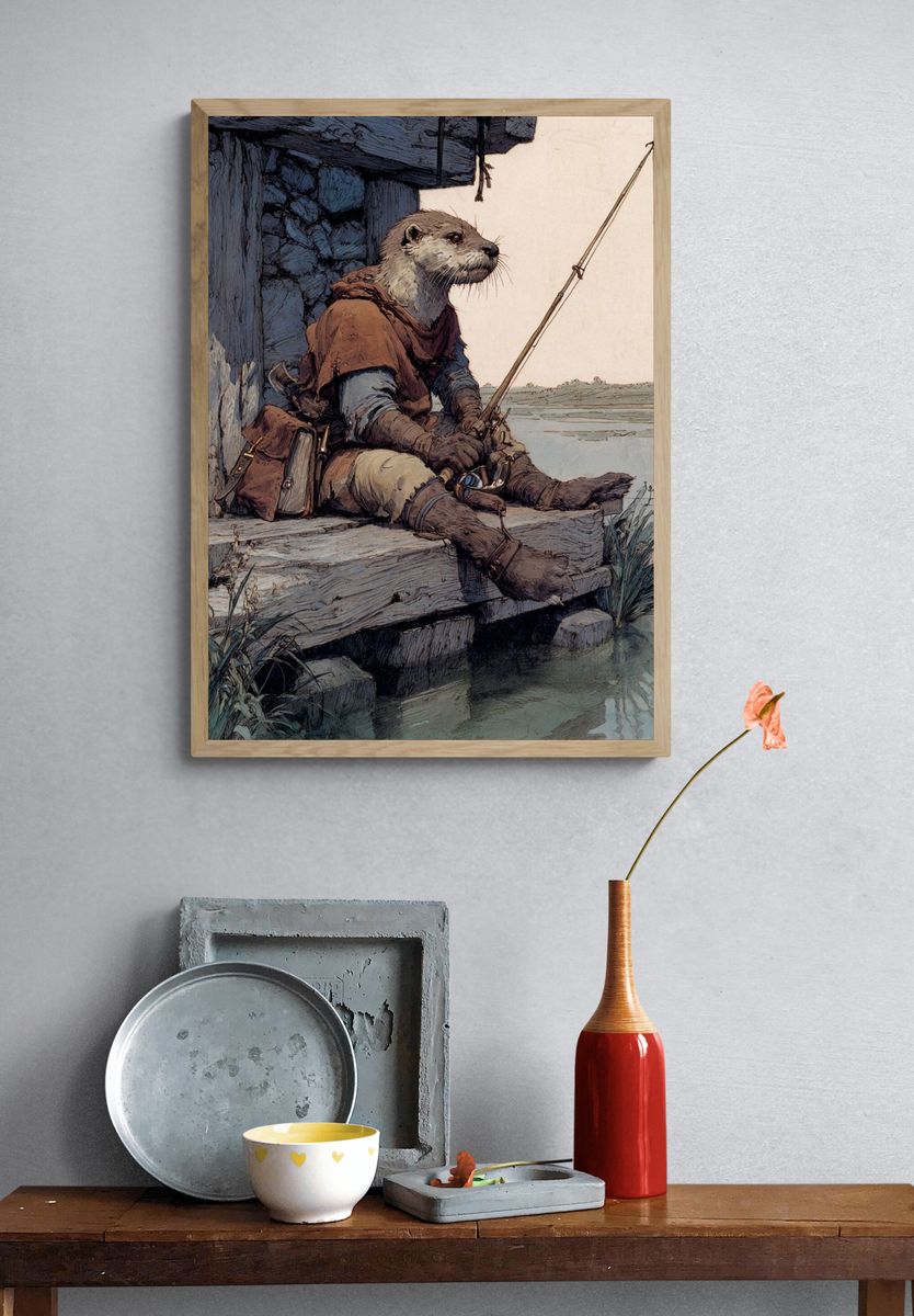 Otter Fisherman Illustration Poster. — room view 3
