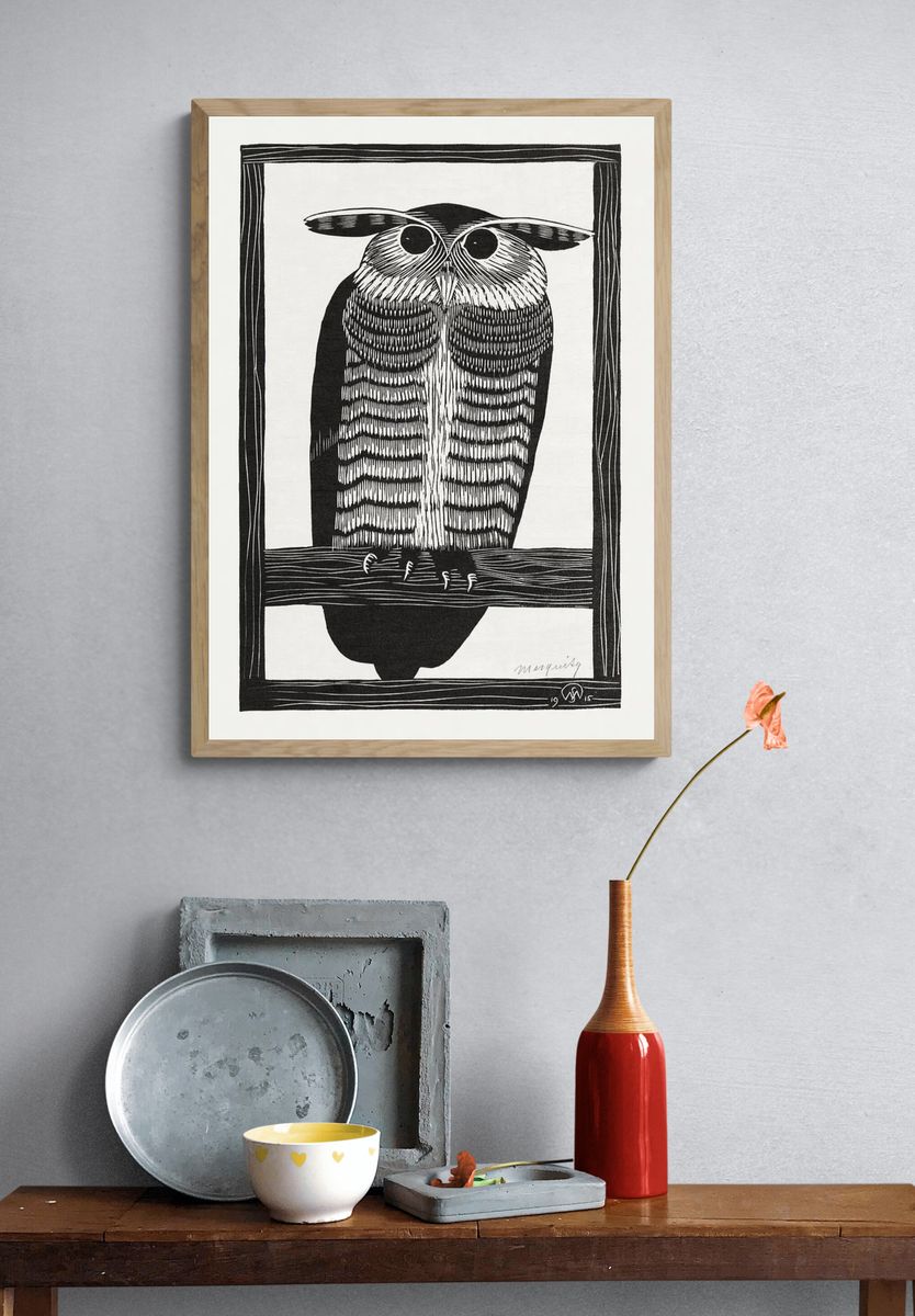 Horned owl (Hoornuil) (1915) print. — room view 3