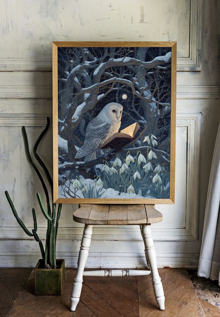 Owl Reading in Winter — Illustration Print. — room view 1