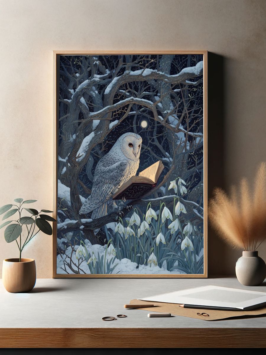 Owl Reading in Winter — Illustration Print. — room view 2