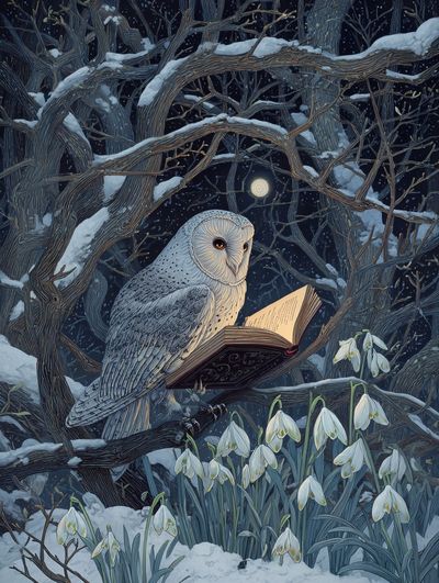 Owl Reading in Winter — Illustration Print. poster print
