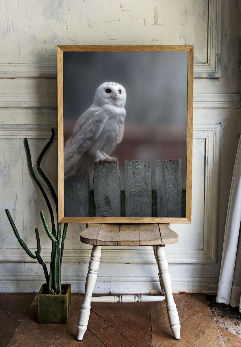 Snowy Owl on Fence — Photography Print. — room view 1