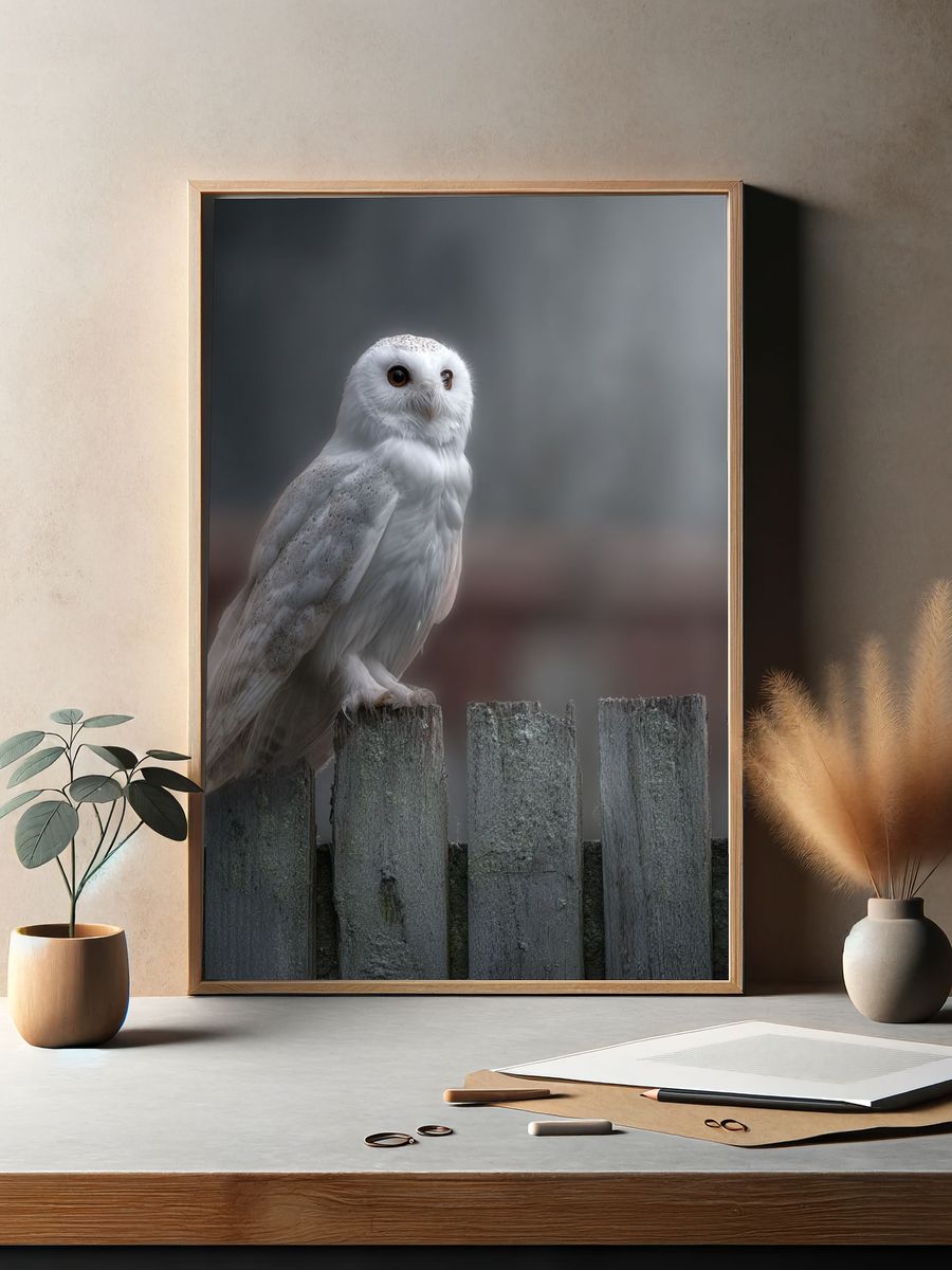Snowy Owl on Fence — Photography Print. — room view 2