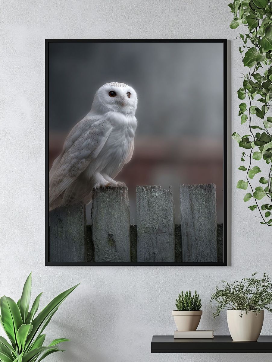 Snowy Owl on Fence — Photography Print. — room view 4