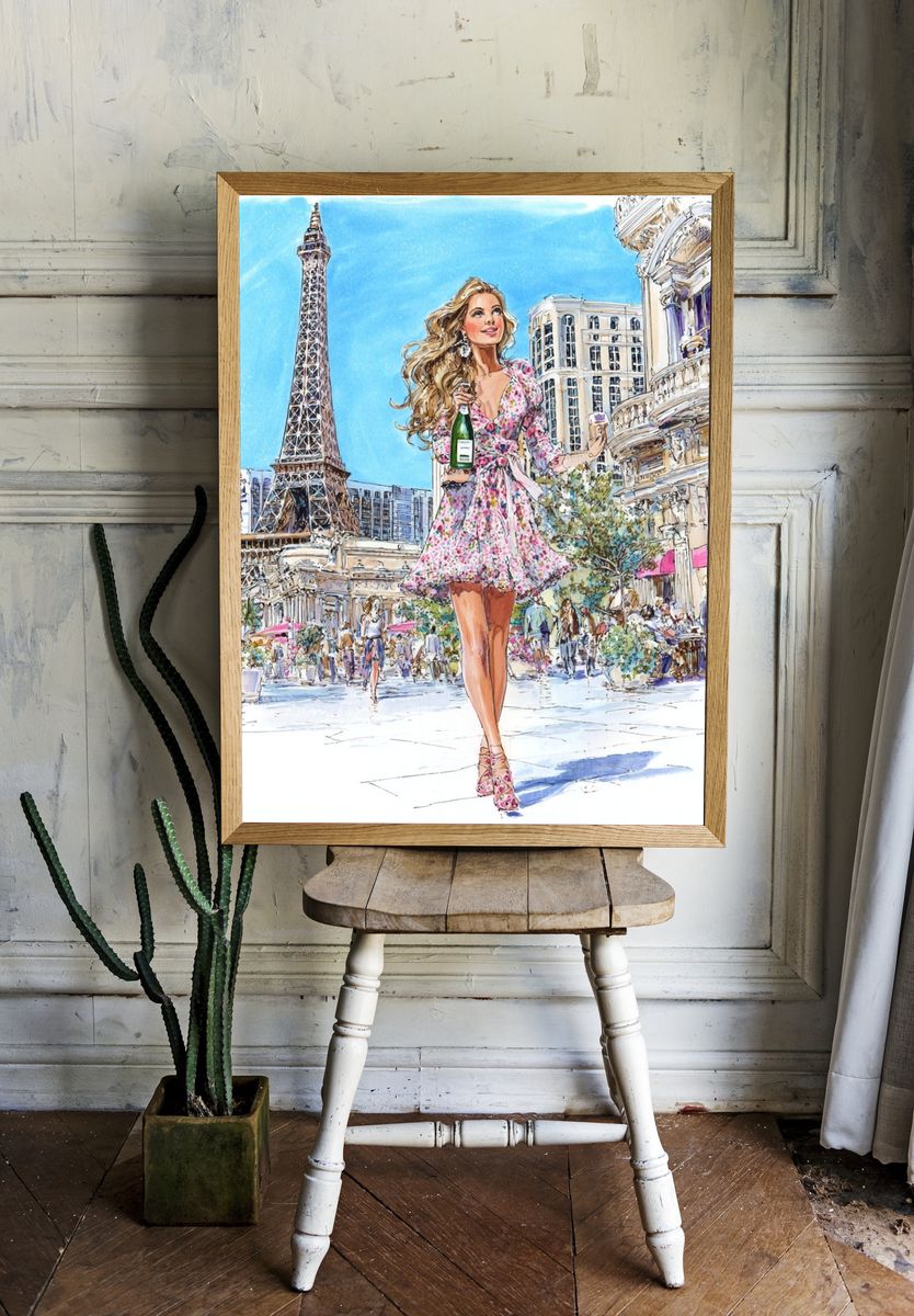 Parisian Woman with Champagne — Illustration Print. — room view 1