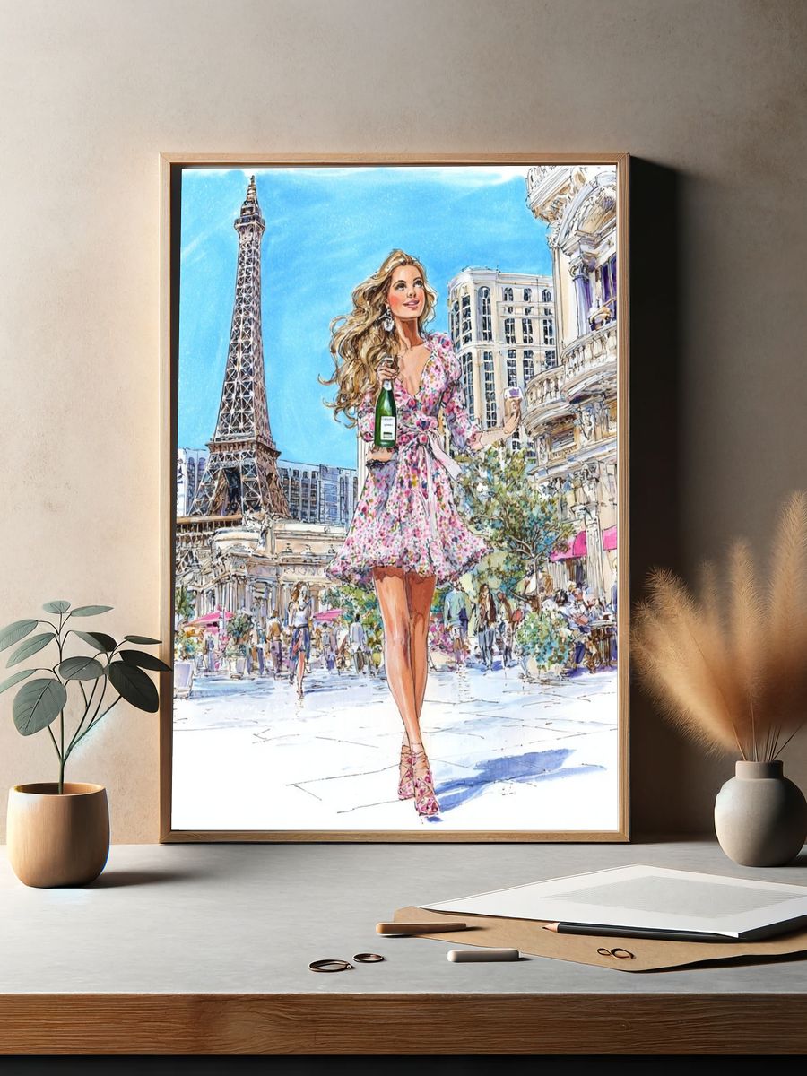 Parisian Woman with Champagne — Illustration Print. — room view 2