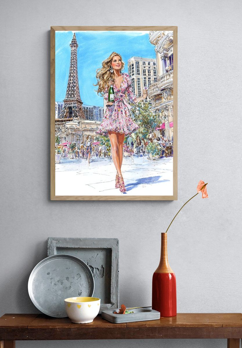 Parisian Woman with Champagne — Illustration Print. — room view 3