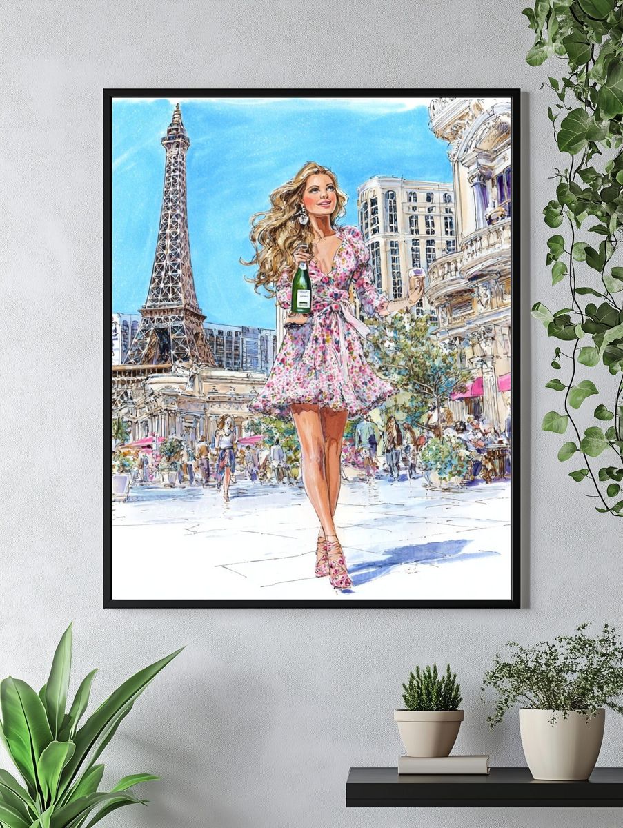 Parisian Woman with Champagne — Illustration Print. — room view 4