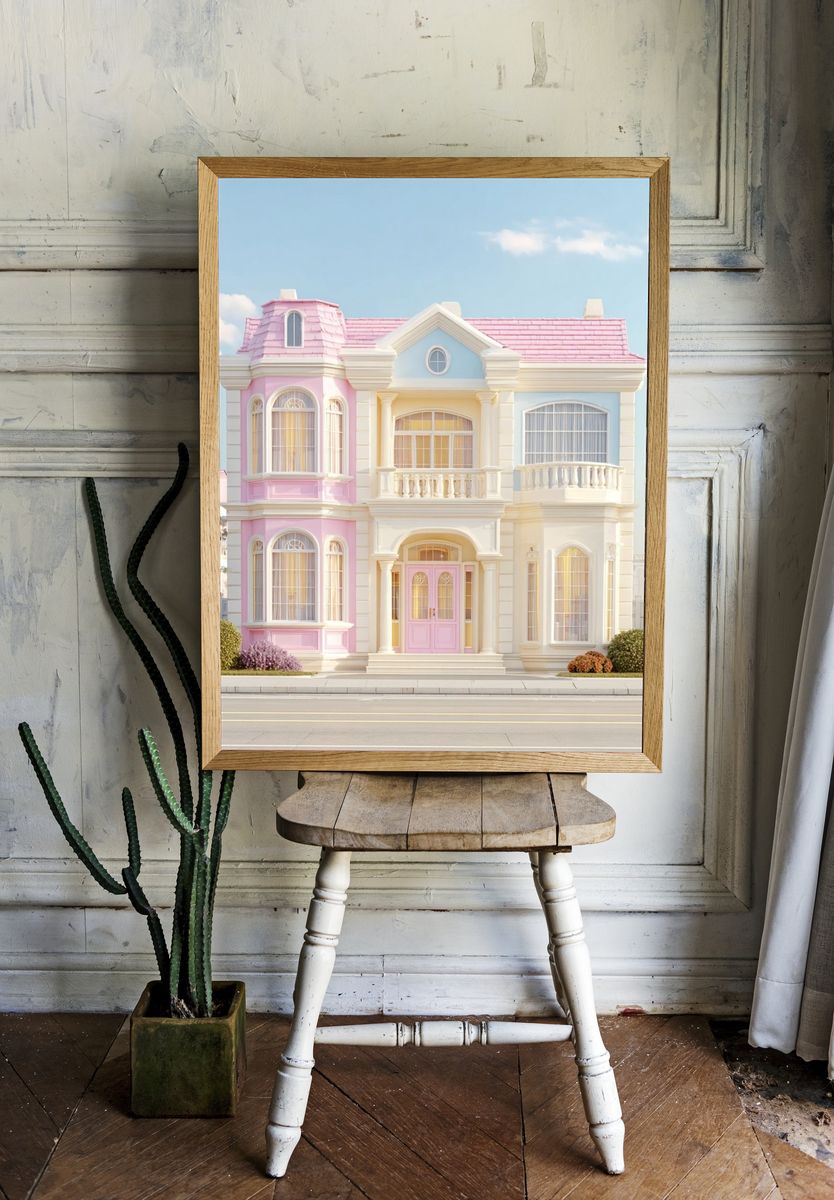 Charming Pink and Blue House Poster. room preview