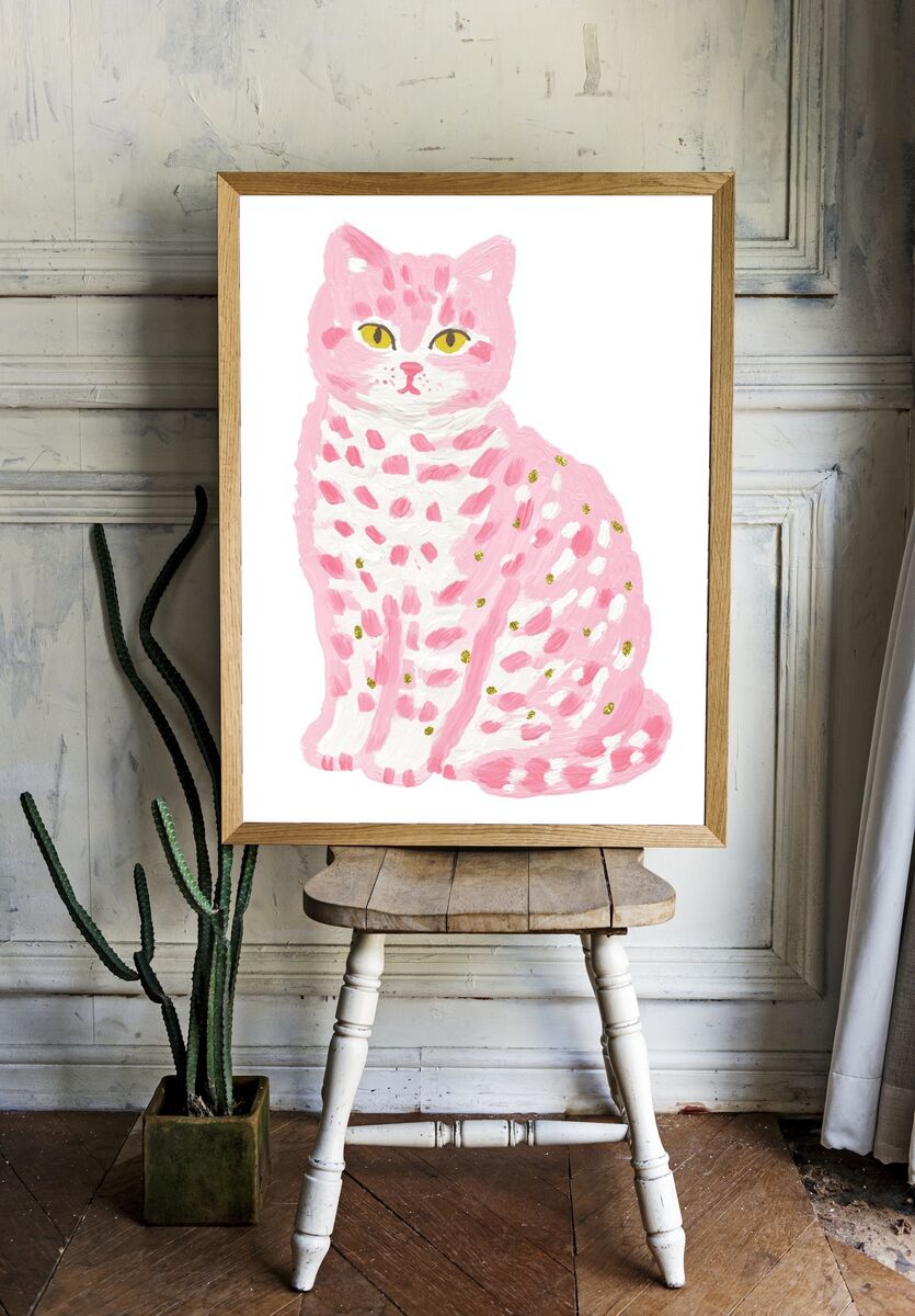 Pink Cat Illustration Poster. — room view 1