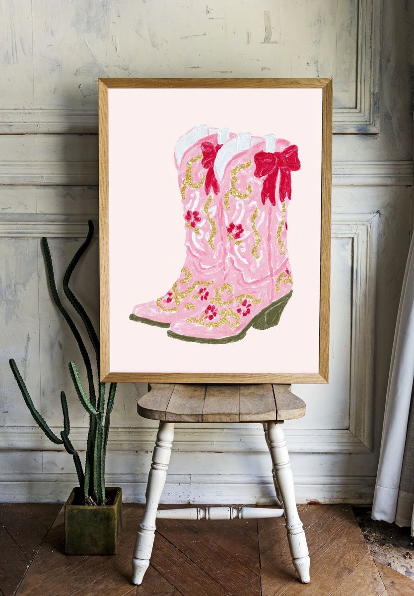 Pink Cowboy Boots — Illustration Print. — room view 1