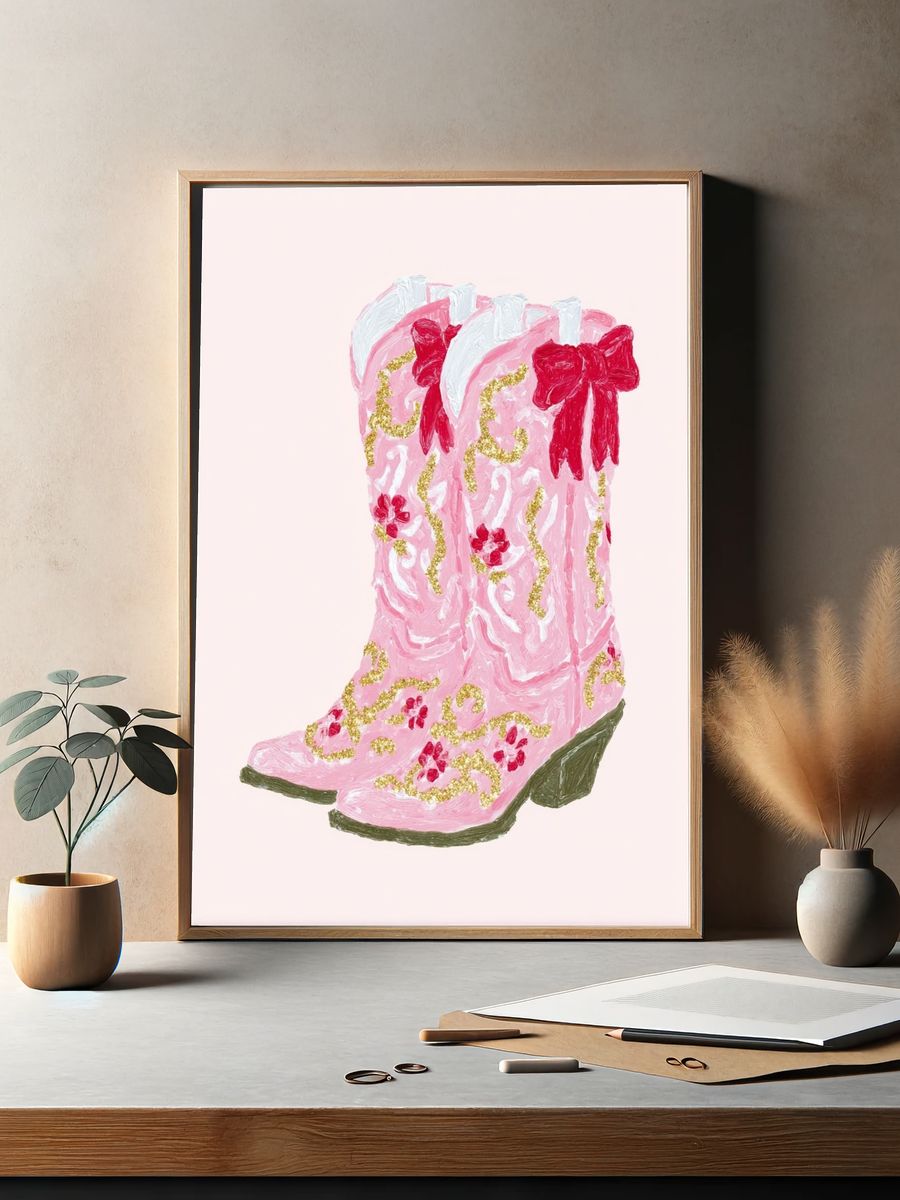 Pink Cowboy Boots — Illustration Print. — room view 2