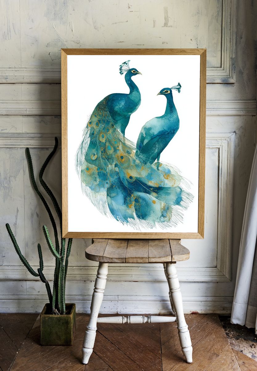 Peacock Watercolor Illustration Poster. — room view 1