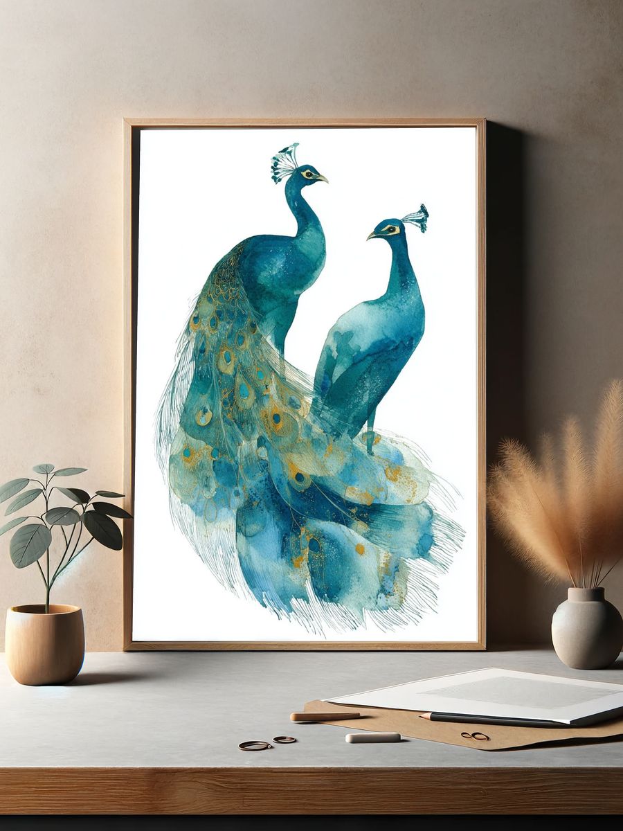 Peacock Watercolor Illustration Poster. — room view 2