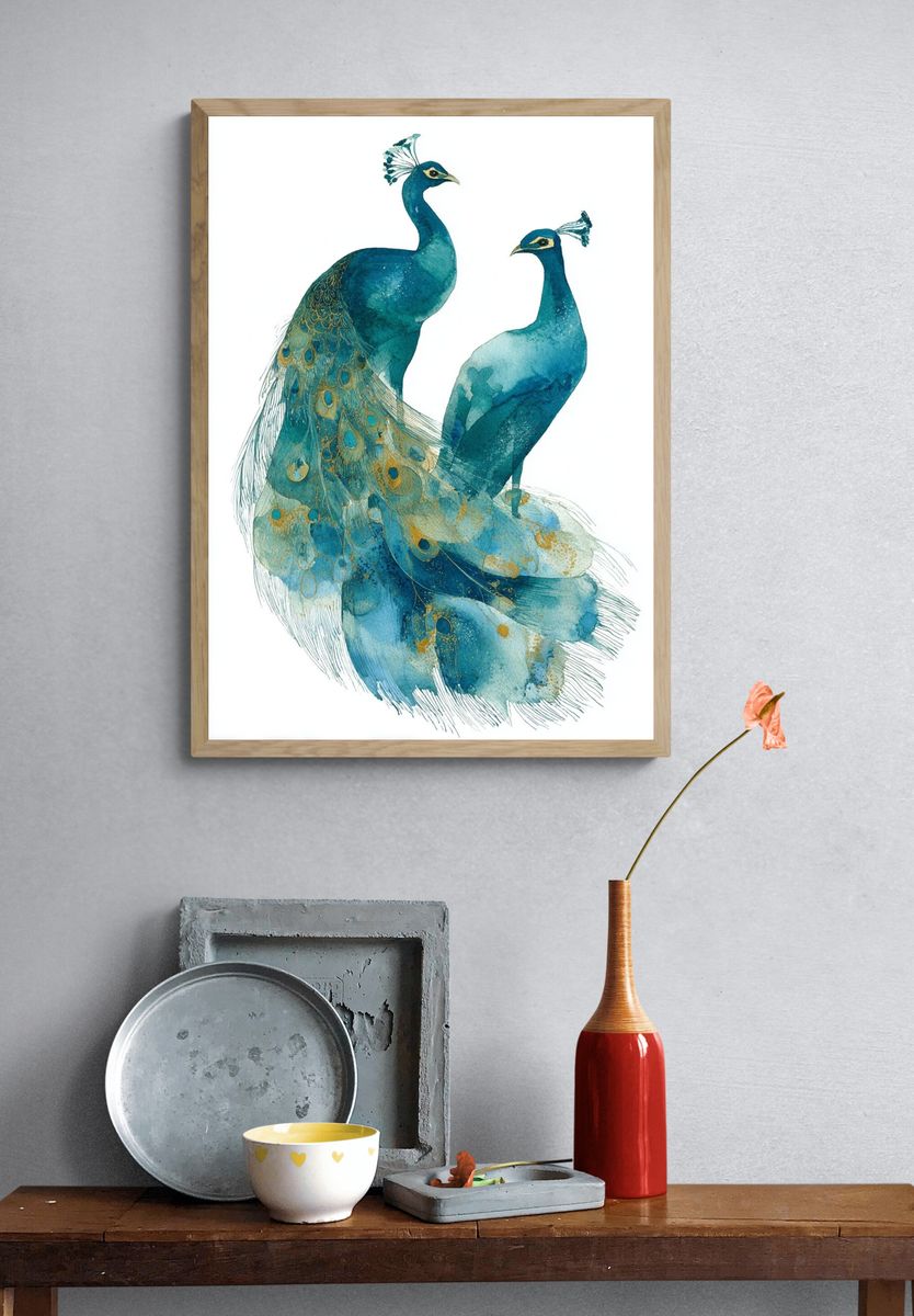 Peacock Watercolor Illustration Poster. — room view 3