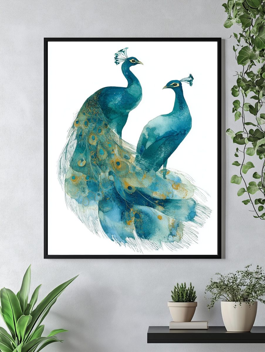 Peacock Watercolor Illustration Poster. — room view 4