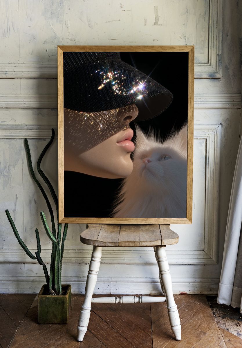 Glamorous Cat and Model Portrait Poster. — room view 1