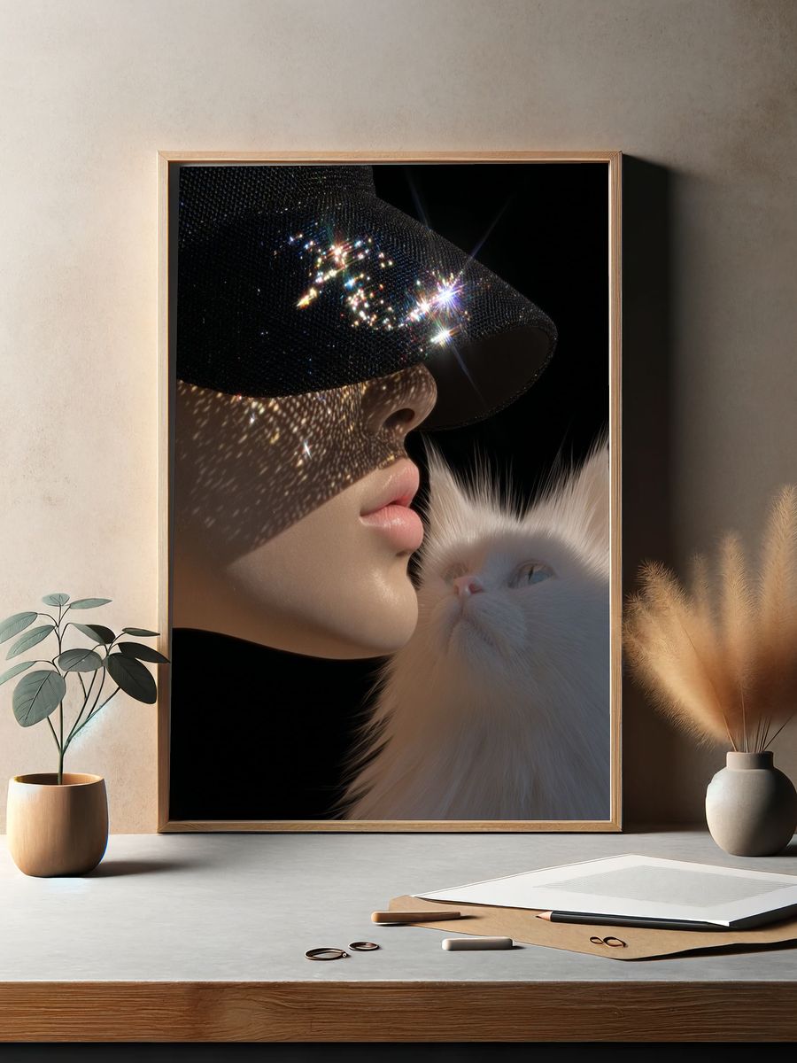 Glamorous Cat and Model Portrait Poster. — room view 2