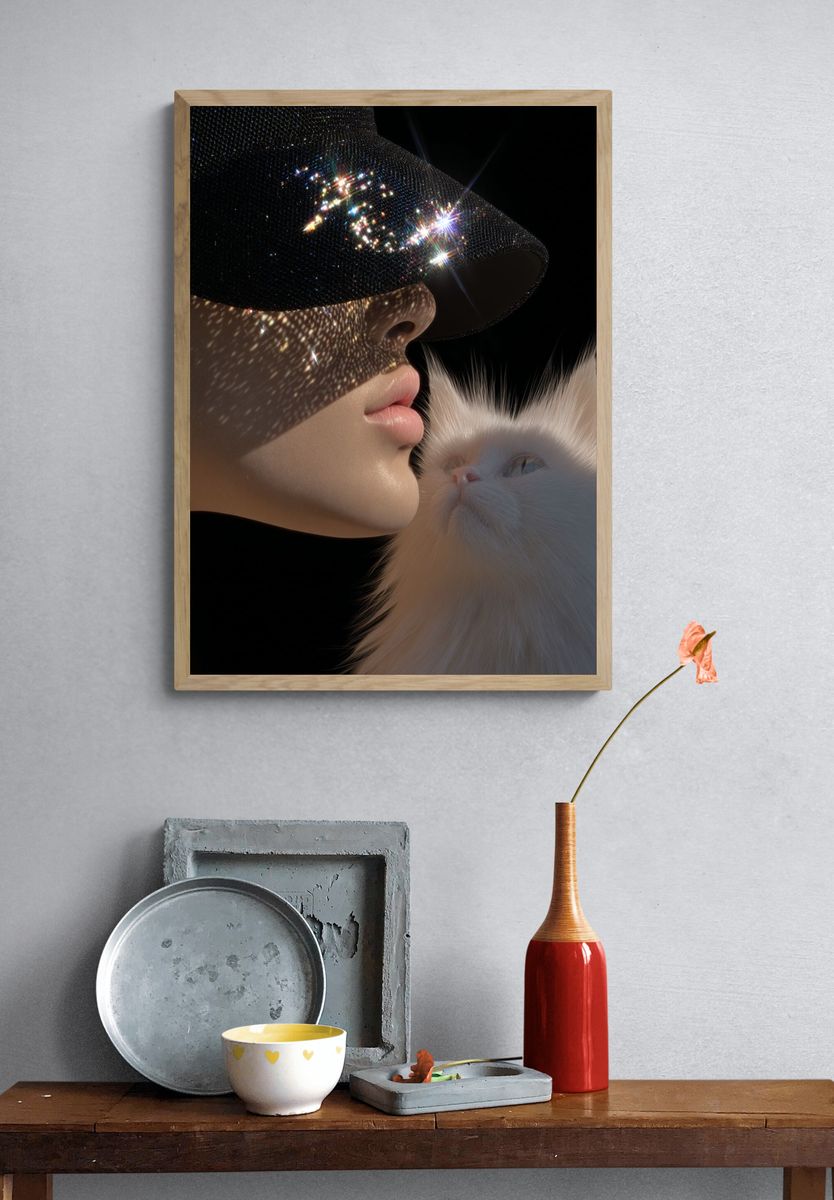 Glamorous Cat and Model Portrait Poster. — room view 3
