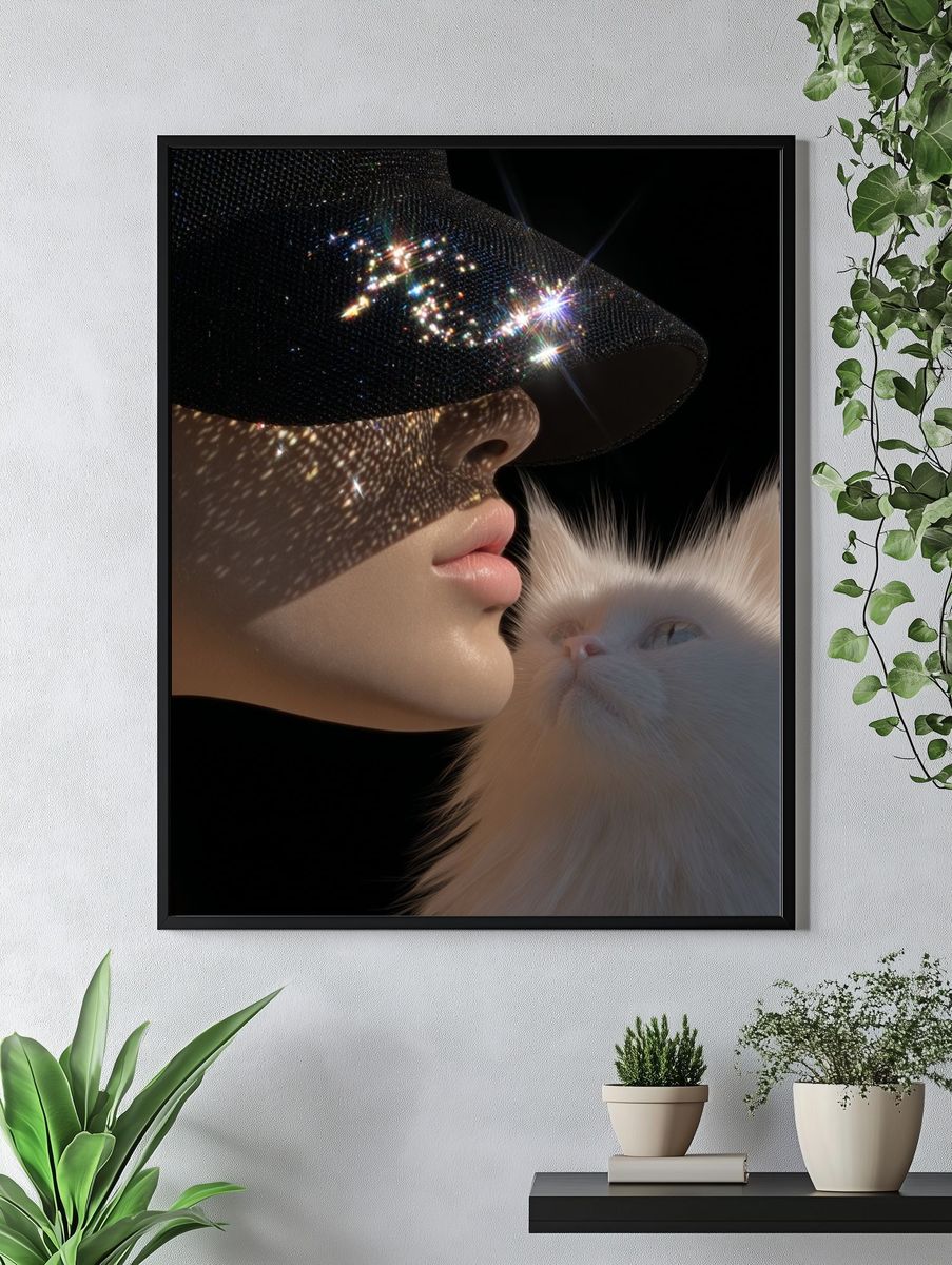 Glamorous Cat and Model Portrait Poster. — room view 4