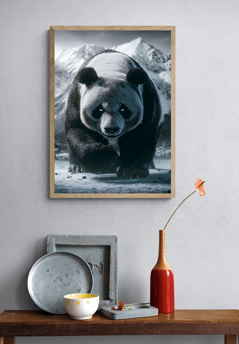Majestic Panda in Snowy Landscape Poster. — room view 3