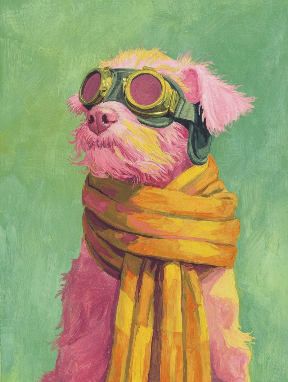 Stylish Pink Dog with Goggles — Illustration Print. poster detail