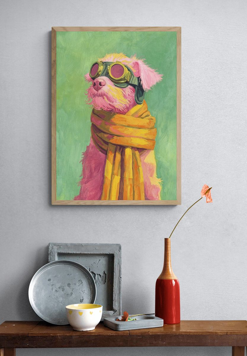 Stylish Pink Dog with Goggles — Illustration Print. — room view 3