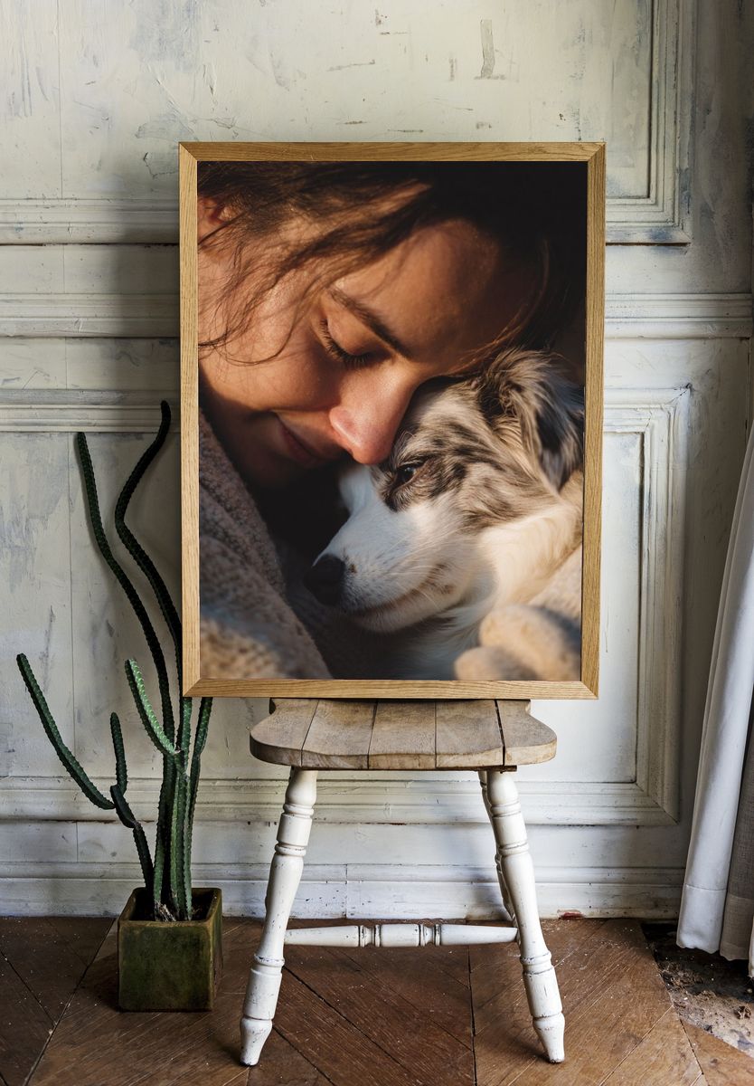 Woman Embracing Dog — Photography Print. — room view 1