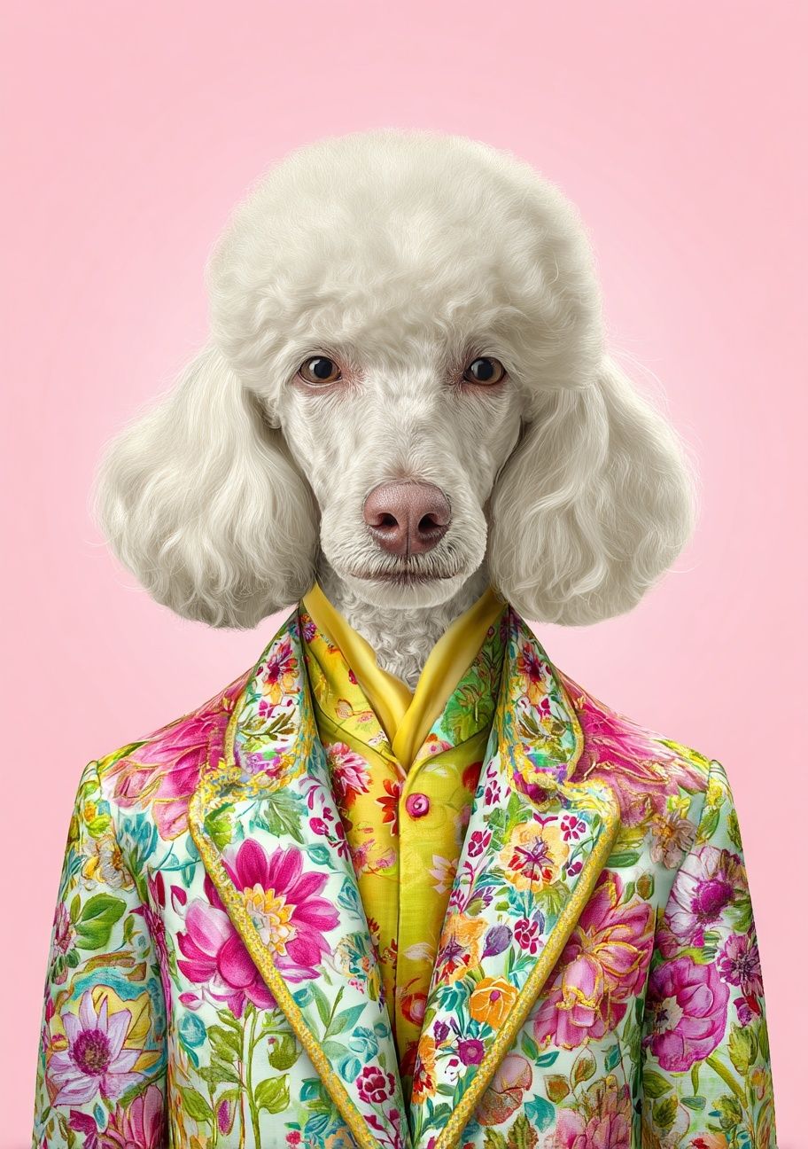 Stylish Poodle in Floral Suit Poster. poster detail