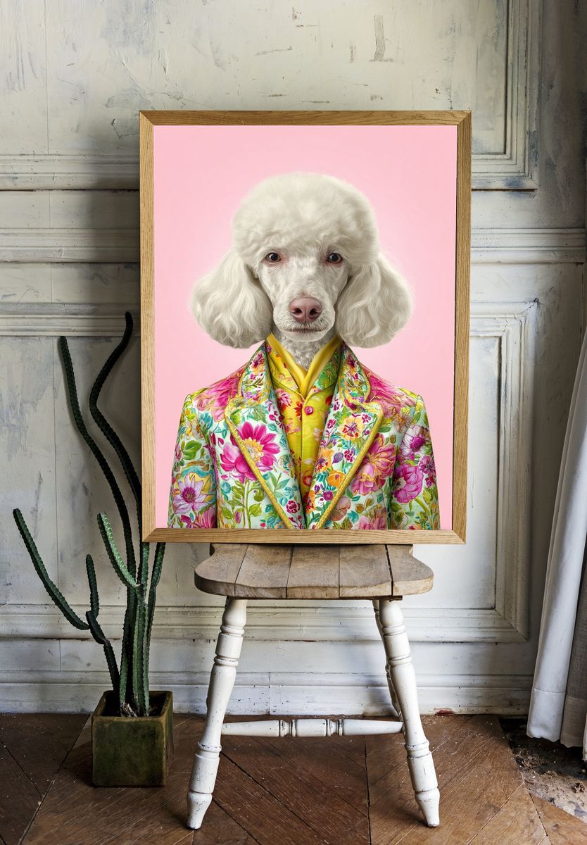 Stylish Poodle in Floral Suit Poster. — room view 1