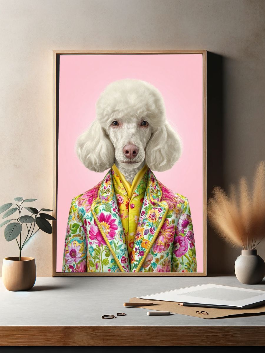 Stylish Poodle in Floral Suit Poster. — room view 2