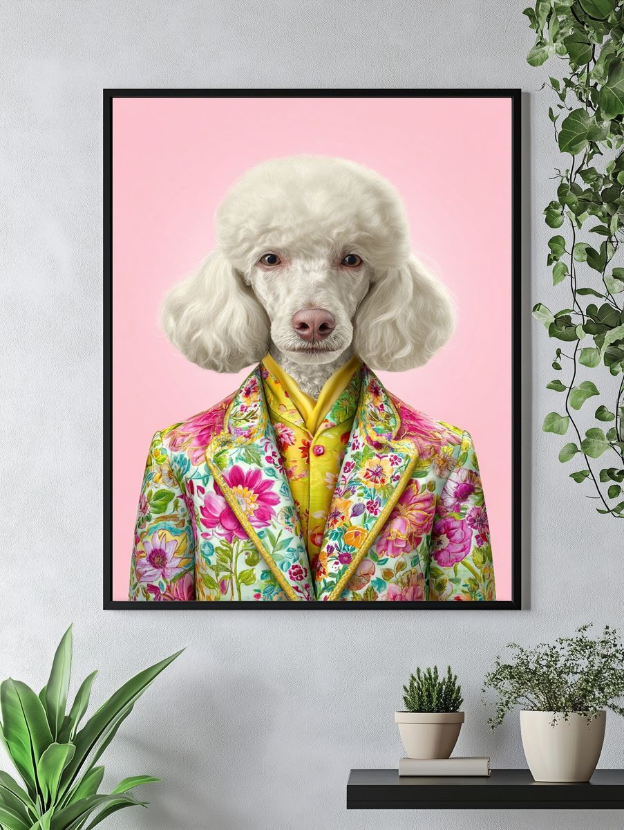 Stylish Poodle in Floral Suit Poster. — room view 4