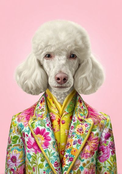 Stylish Poodle in Floral Suit Poster. poster print