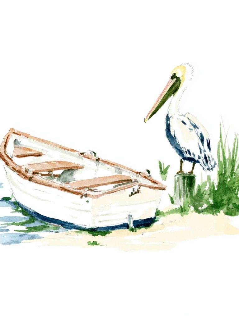 Pelican and Rowboat Watercolor Print. poster detail