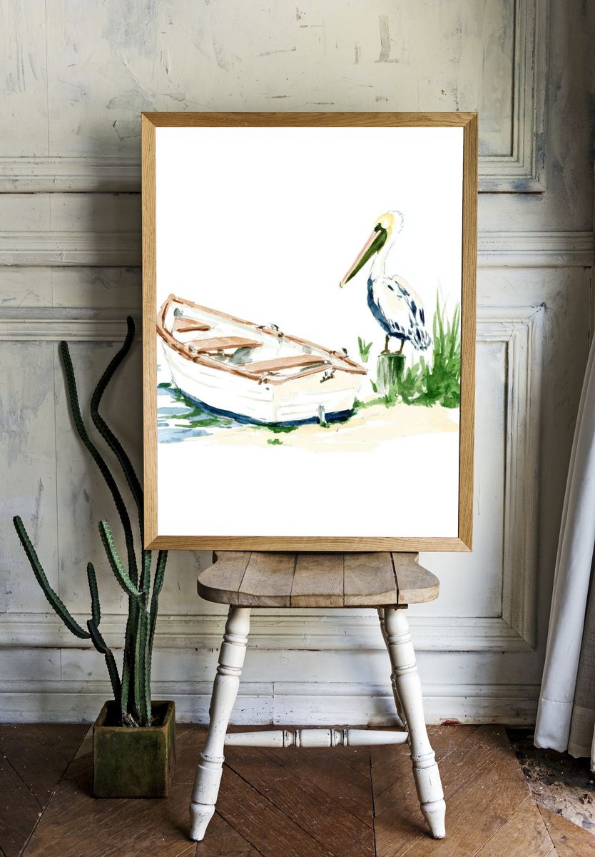 Pelican and Rowboat Watercolor Print. — room view 1