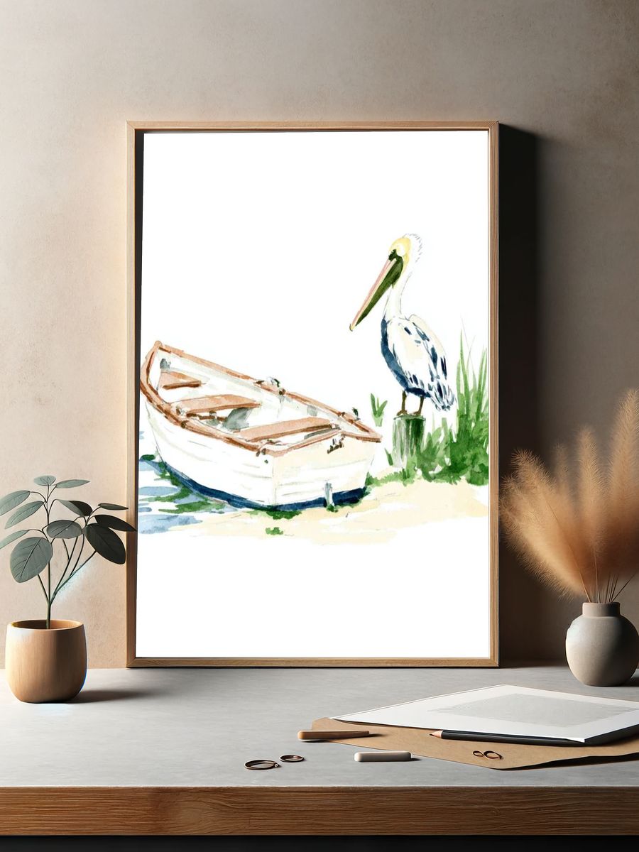 Pelican and Rowboat Watercolor Print. — room view 2