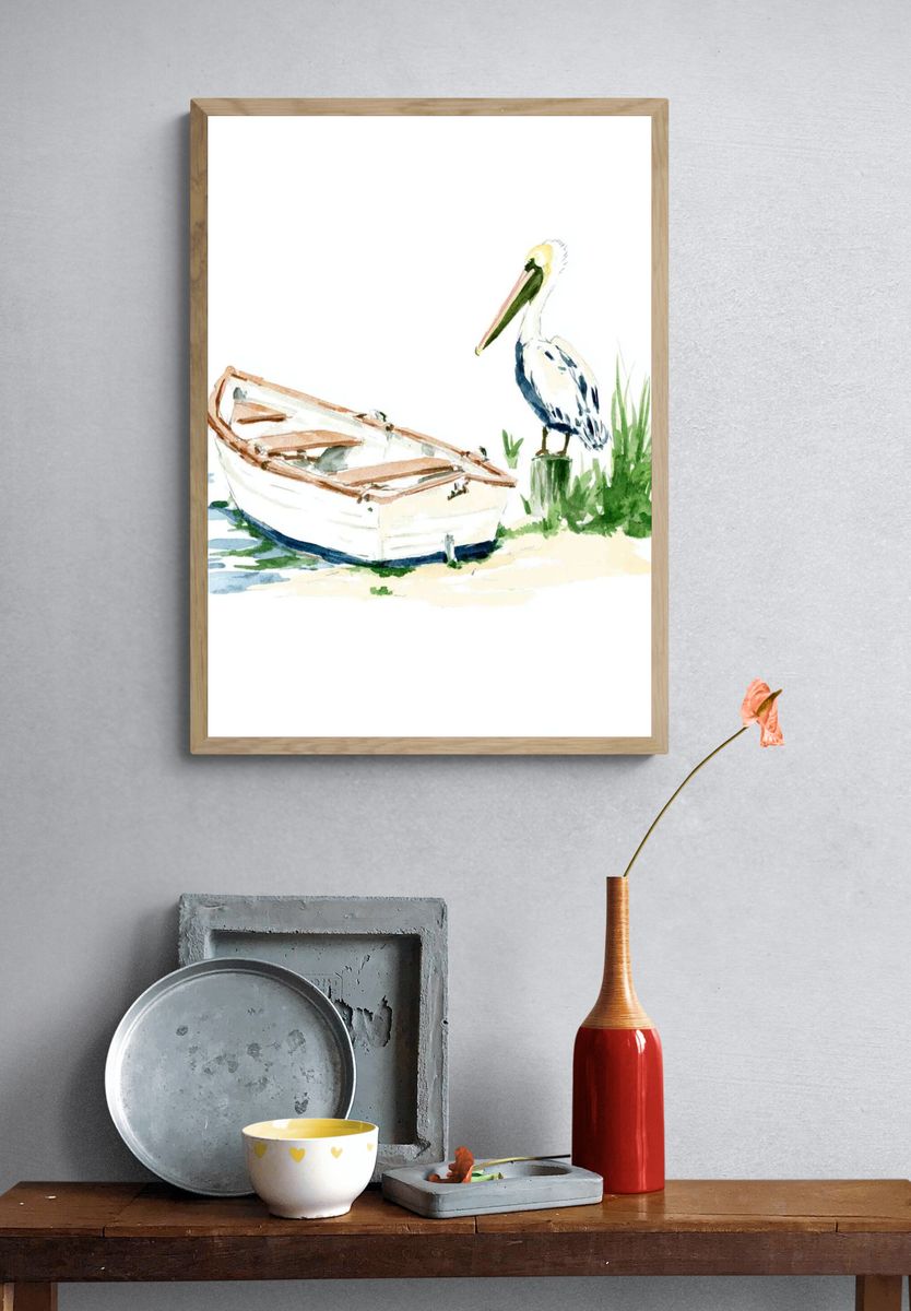 Pelican and Rowboat Watercolor Print. — room view 3