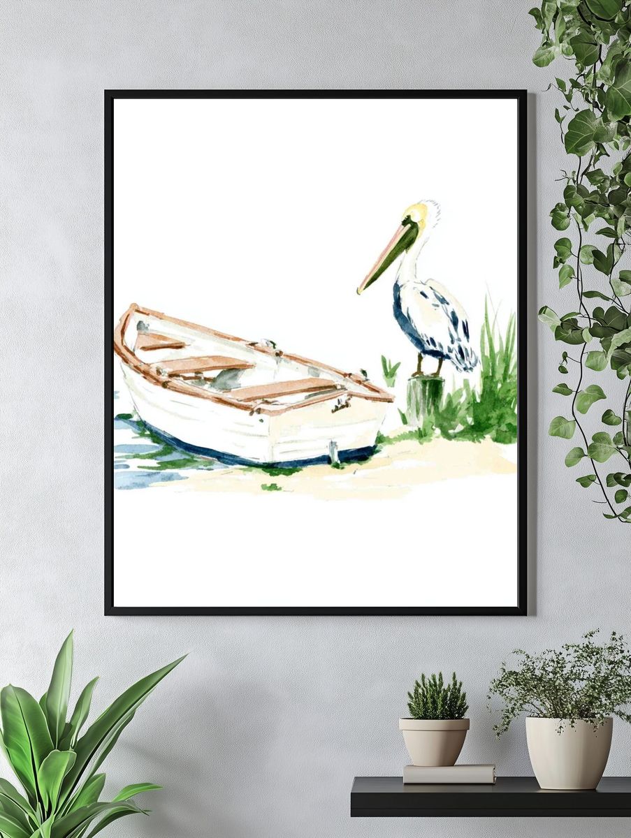 Pelican and Rowboat Watercolor Print. — room view 4