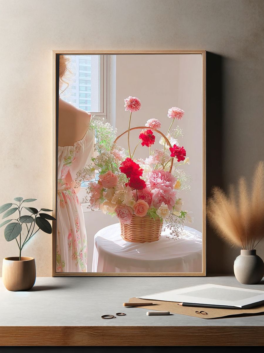 Pastel Flower Basket Photography Poster. — room view 2