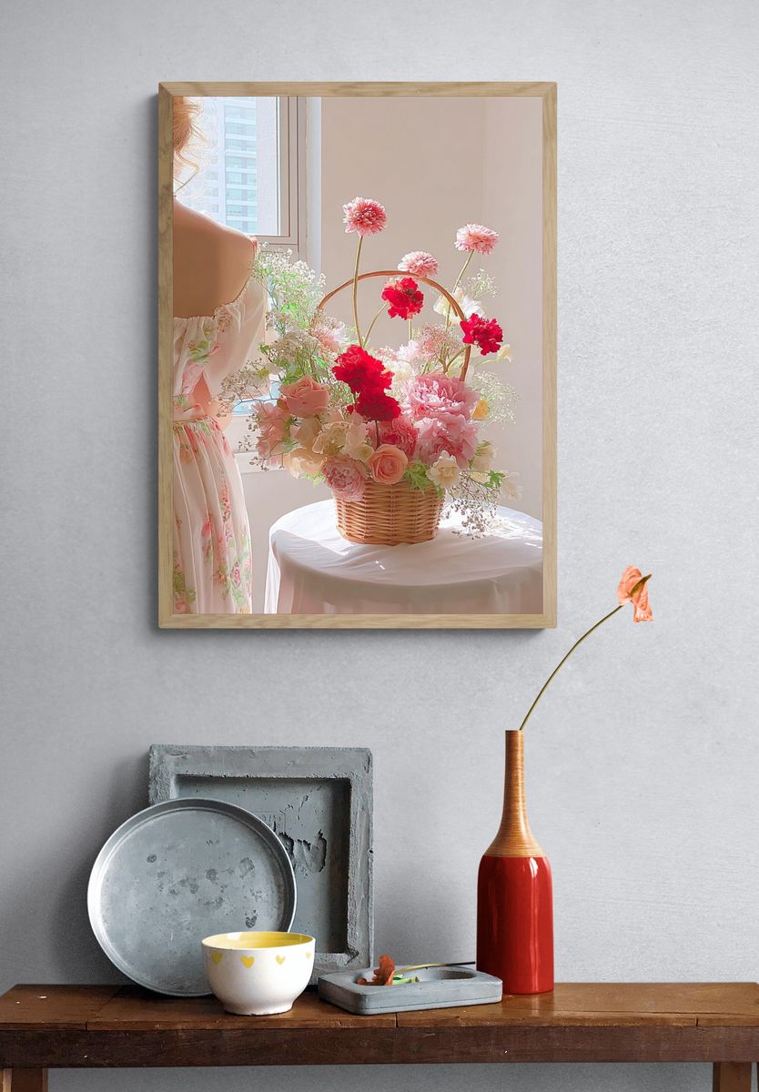 Pastel Flower Basket Photography Poster. — room view 3