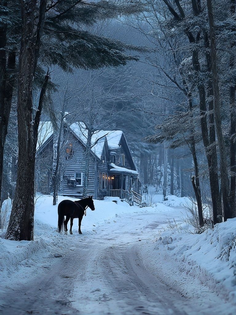 Snowy Cabin with Horse Winter Poster. poster detail