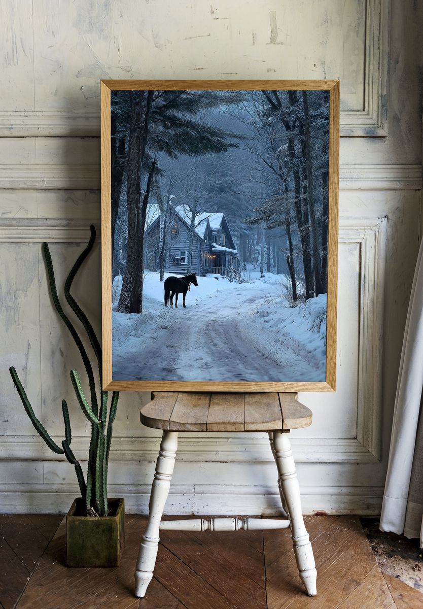 Snowy Cabin with Horse Winter Poster. — room view 1