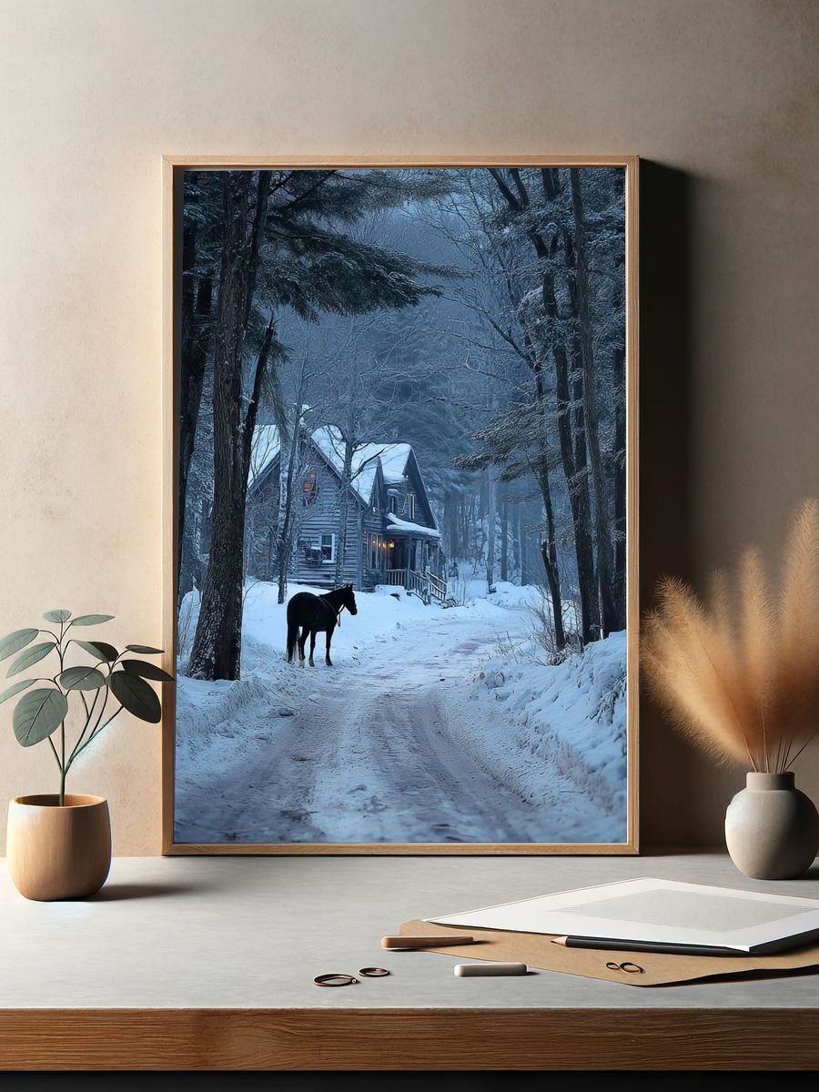 Snowy Cabin with Horse Winter Poster. — room view 2