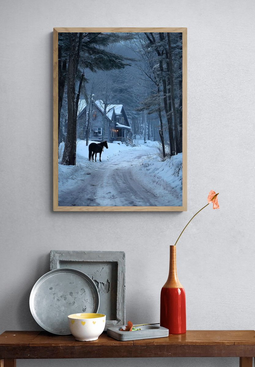Snowy Cabin with Horse Winter Poster. — room view 3