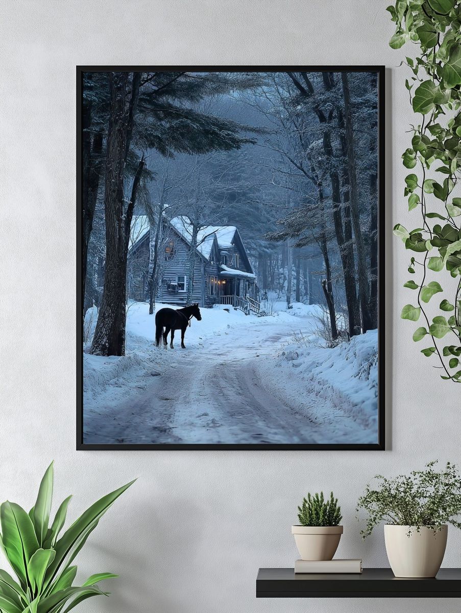 Snowy Cabin with Horse Winter Poster. — room view 4
