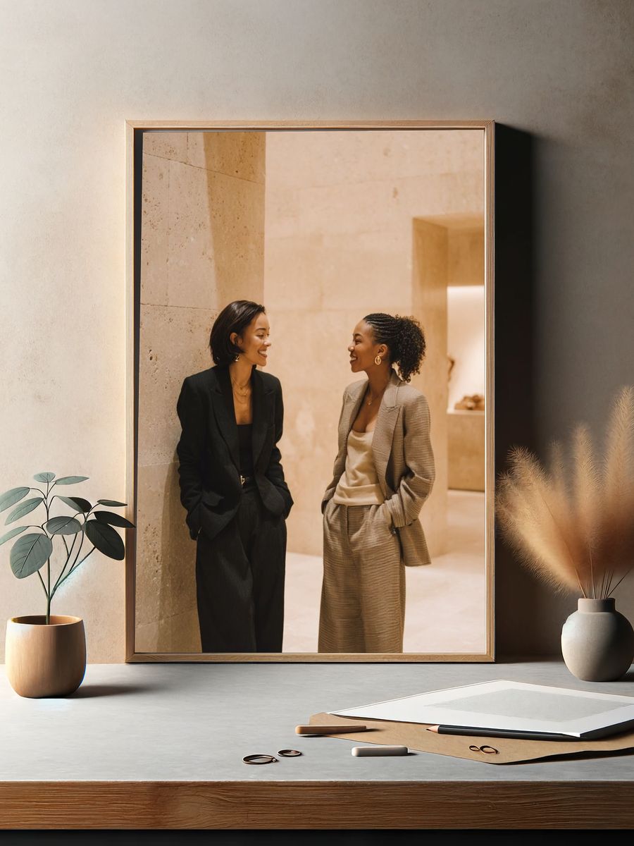 Elegant Women in Beige Interior Poster. — room view 2