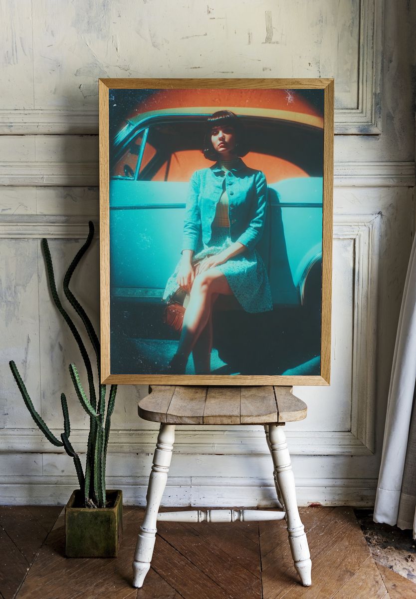 Retro Woman by Car Poster. — room view 1